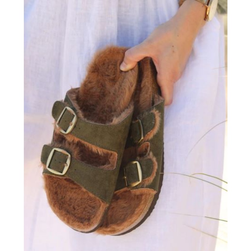 Women's shoes - Green Findlay sandals with faux fur - Image 4