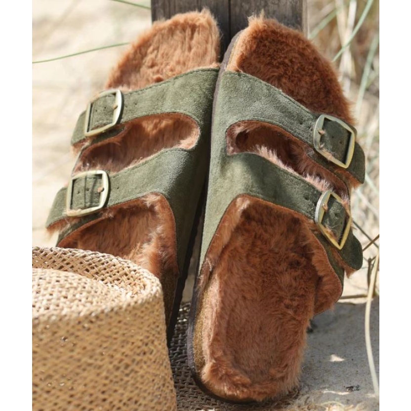 Women's shoes - Green Findlay sandals with faux fur